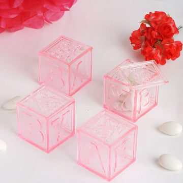12 Pack | 2" Pink Fillable Plastic Baby Shower Candy Gift Boxes, Transparent Baby Blocks Favor Boxes