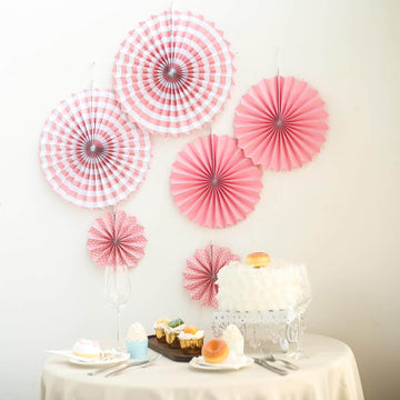 Set of 6 Pink Hanging Paper Fan Decorations, Pinwheel Wall Backdrop Party Kit - 8", 12", 16"