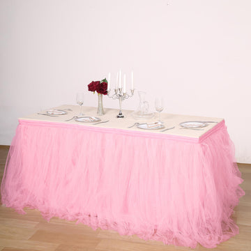 14ft Pink / Rose Quartz 4 Layer Tulle Tutu Pleated Table Skirt