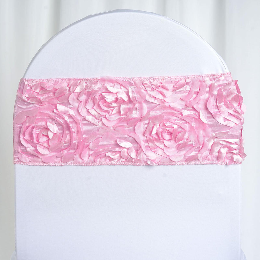 5 pack | 6inch x 14inch Pink Satin Rosette Spandex Stretch Chair Sash
