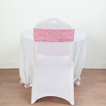 5 Pack | 6"x15" Pink Sequin Spandex Chair Sashes Bands