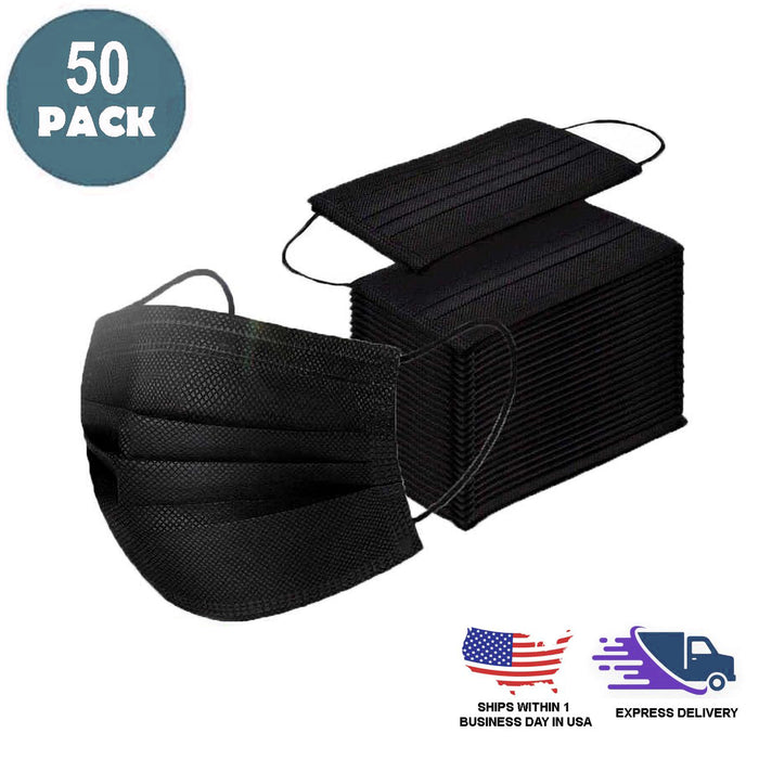 50 Pack | 3 Ply Black Disposable Face Mask Non Woven Mask with Ear Loop