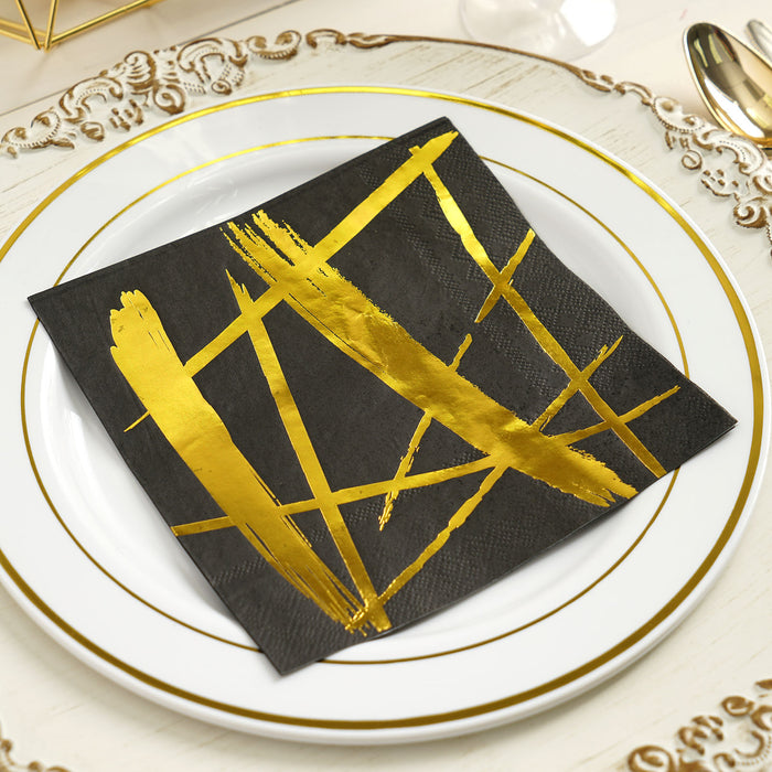 20 Pack | 3 Ply Metallic Gold Streaks Design Black Paper Dinner Napkins | Wedding Cocktail Napkins