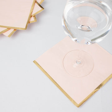 50 Pack Blush Soft 2 Ply Disposable Cocktail Napkins with Gold Foil Edge, Paper Beverage Napkins - 6.5"x6.5"