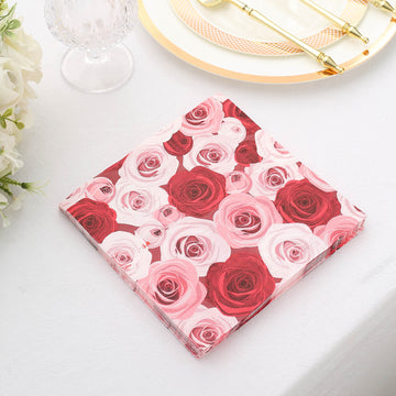 50 Pack | 2 Ply Soft Red / Pink Rose Design Paper Cocktail Napkins, Garden Floral Wedding Beverage Napkins - 18 GSM