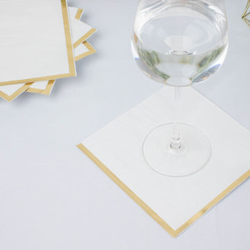 50 Pack Soft White 2 Ply Disposable Cocktail Napkins with Gold Foil Edge, Disposable Paper Beverage Napkins - 5"x5"