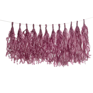 12 Pack Pre-Tied Eggplant Tissue Paper Tassel Garland With String, Hanging Fringe Party Streamer Backdrop Decor