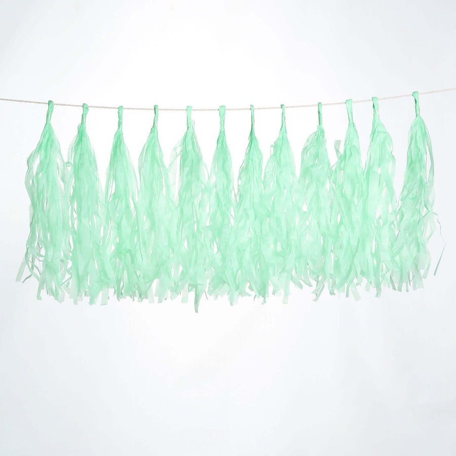 12 Pack | Pre-Tied Mint Tissue Paper Tassel Garland With String, Hanging Fringe Party Streamer Backdrop Decor