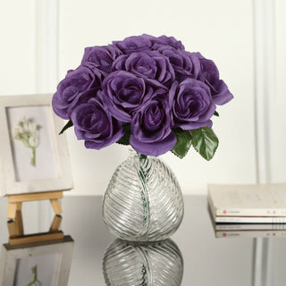 Add a Touch of Elegance with the 12" Purple Artificial Velvet-Like Fabric Rose Flower Bouquet Bush