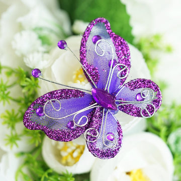 12 Pack | 2" Purple Diamond Studded Wired Organza Butterflies