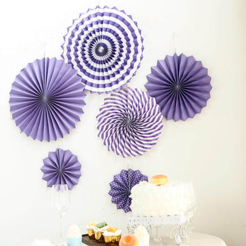 Set of 6 Purple Hanging Paper Fan Decorations, Pinwheel Wall Backdrop Party Kit - 8", 12", 16"