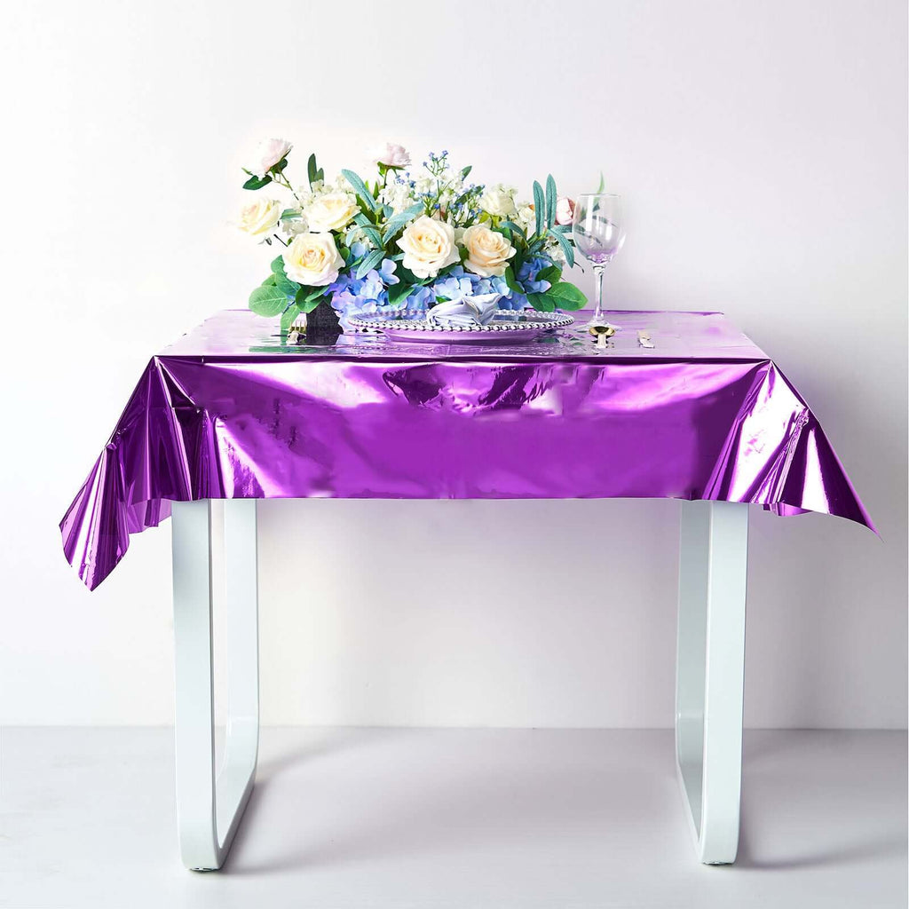 50"x50" Purple Metallic Foil Square Tablecloth, Disposable Table Cover