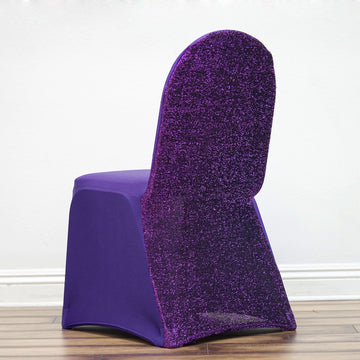 Purple Spandex Stretch Banquet Chair Cover, Fitted with Metallic Shimmer Tinsel Back