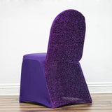 Purple Spandex Stretch Banquet Chair Cover, Fitted with Metallic Shimmer Tinsel Back