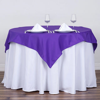 Add Elegance to Your Event with the 54"x54" Purple Square Seamless Polyester Table Overlay