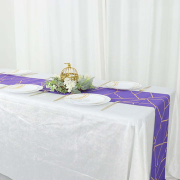 9ft Purple With Gold Foil Geometric Pattern Table Runner