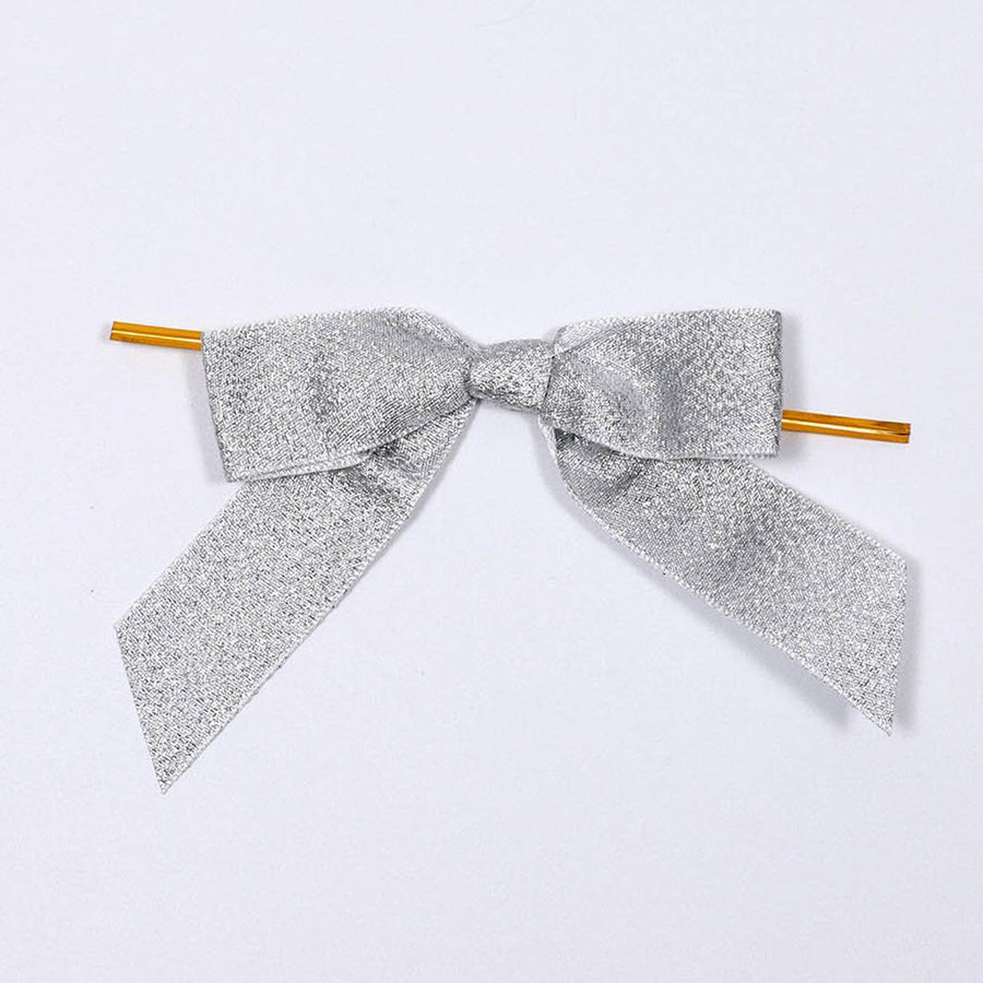 50 Pcs | 4inch Silver Nylon Pre Tied Ribbon Bows For Gift Basket Party Favor Bags Decor Glitter Design#whtbkgd