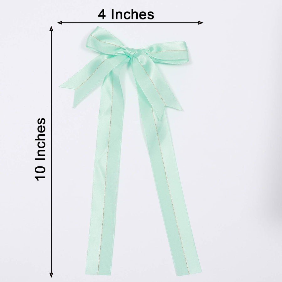 50 Pcs | 10inches Mint Green Pre Tied Ribbon Bows, Satin Ribbon With Gold Foil