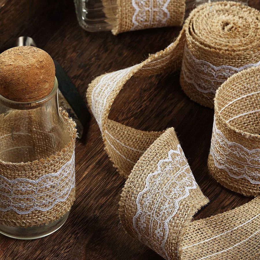 2 inch x 16FT Natural Jute Burlap Ribbon With Wavy Lace