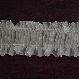 1.25" Ivory Insertion Ruffled Lace Trim On Satin Edged Organza Fabric