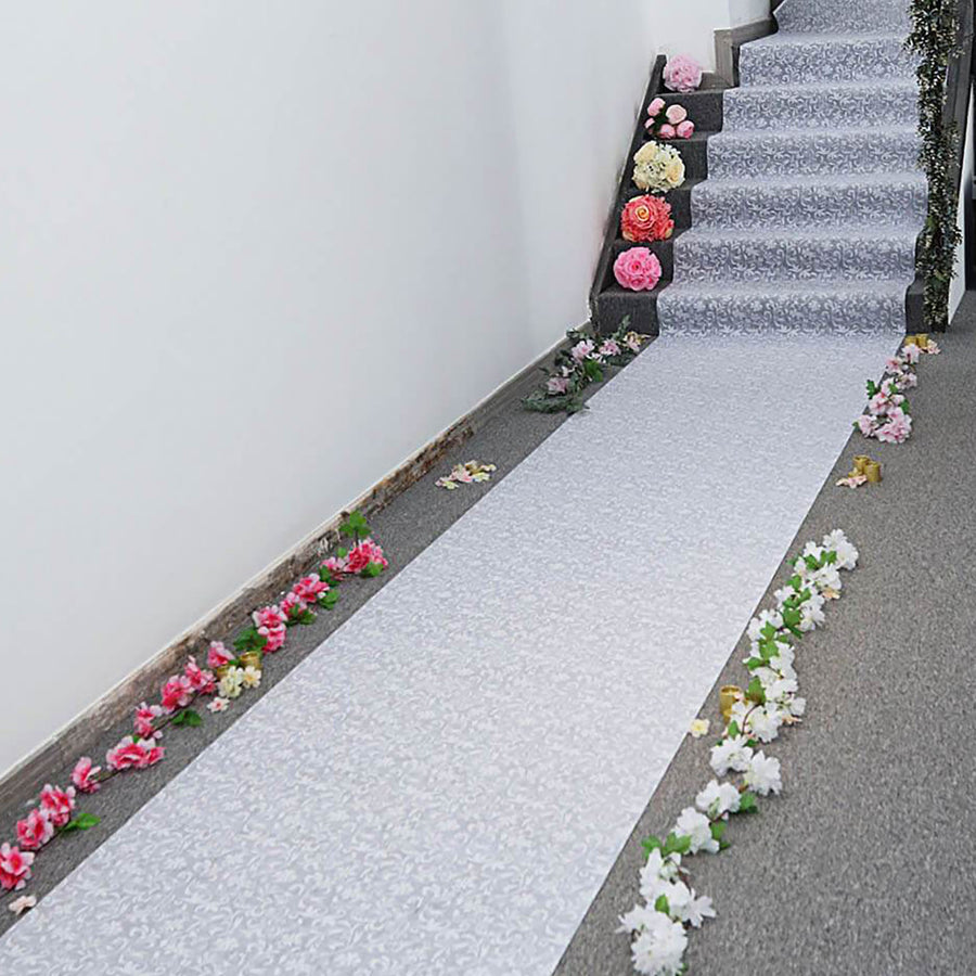 36 Inch x 100ft White Floral Lace Aisle Runner#whtbkgd