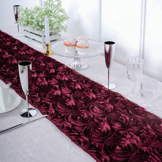 Add Elegance to Your Event with the Burgundy Grandiose Rosette Satin Table Runner