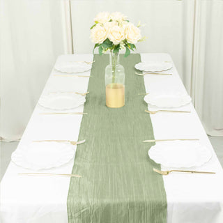 Experience Timeless Beauty with the Sage Green Accordion Crinkle Taffeta Linen Table Runner