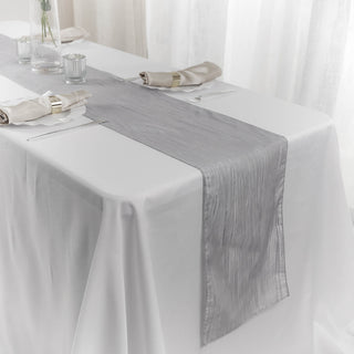 Create an Upscale Ambiance with the Silver Accordion Crinkle Taffeta Table Runner