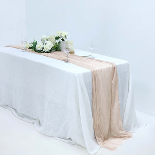 Elevate Your Décor with the 10ft Nude Beige Gauze Cheesecloth Boho Table Runner
