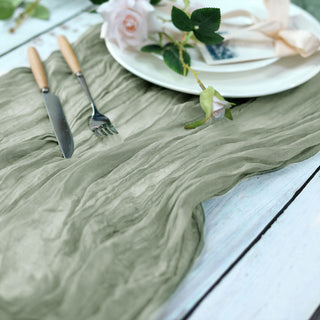 Create a Rustic and Boho Ambiance with the Dusty Sage Green Gauze Cheesecloth Boho Table Runner
