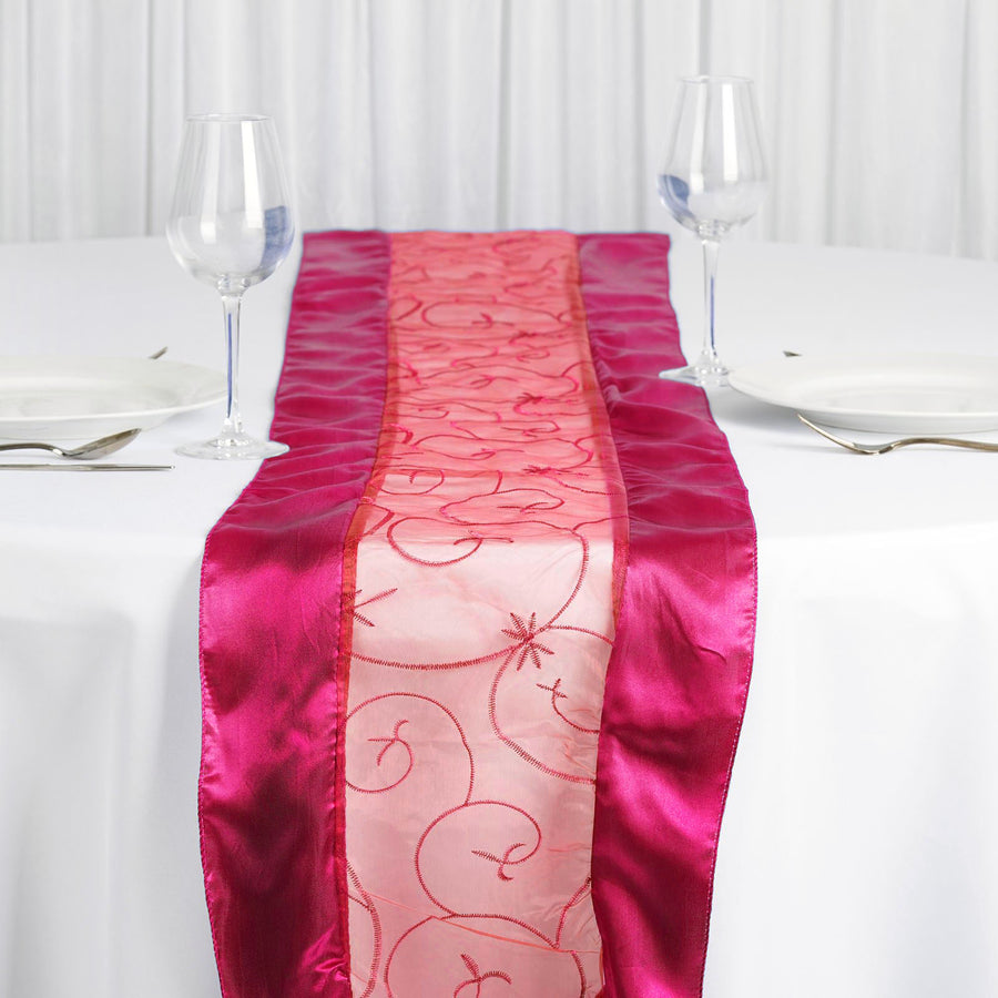 14"x108" Fuchsia Satin Embroidered Sheer Organza Table Runner#whtbkgd