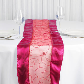 Add Elegance to Your Table with the Fuchsia Satin Embroidered Sheer Organza Table Runner
