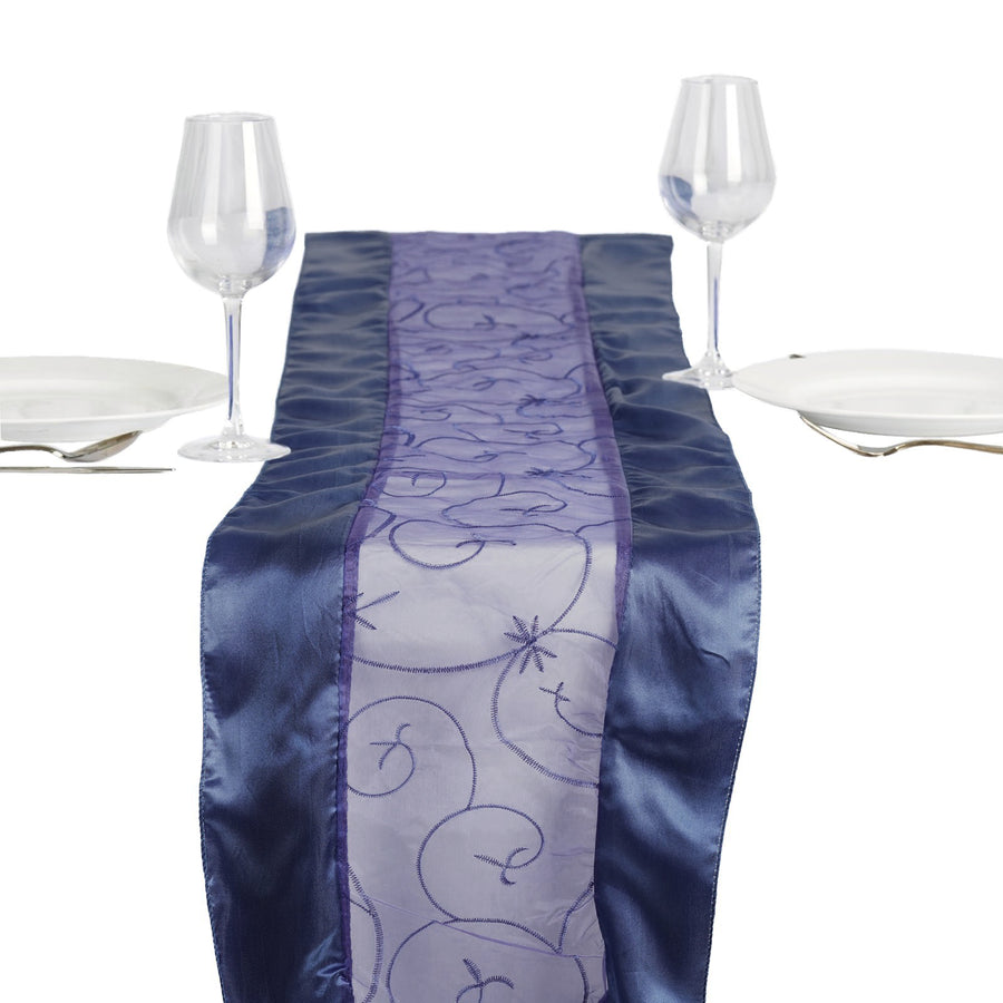 14"x108" Navy Blue Satin Embroidered Sheer Organza Table Runner