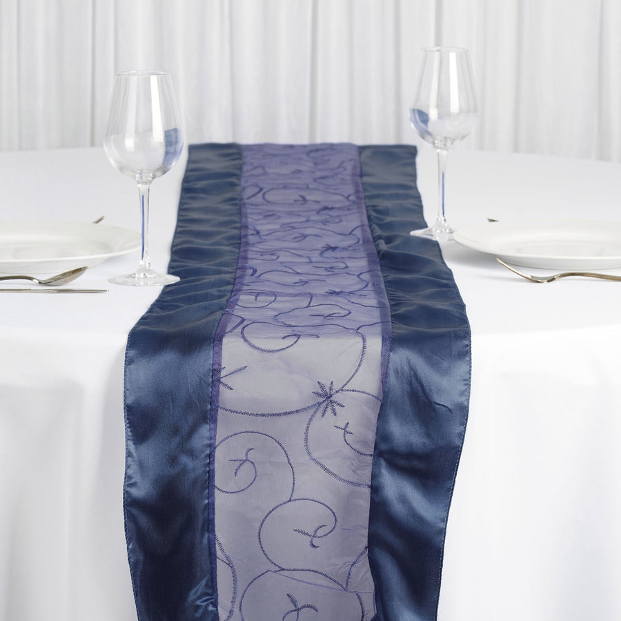 14"x108" Navy Blue Satin Embroidered Sheer Organza Table Runner#whtbkgd