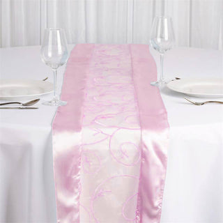 Elevate Your Table Setting with the Pink Satin Embroidered Sheer Organza Table Runner