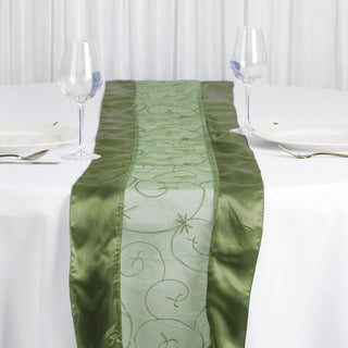 Elevate Your Table Setting with the Olive Green Satin Embroidered Sheer Organza Table Runner