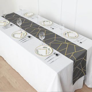 Transform Your Tables with the Charcoal Gray Gold Foil Geometric Pattern Polyester Table Runner