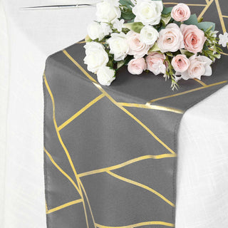 Enhance Your Event Decor with the Charcoal Gray Gold Foil Geometric Pattern Polyester Table Runner