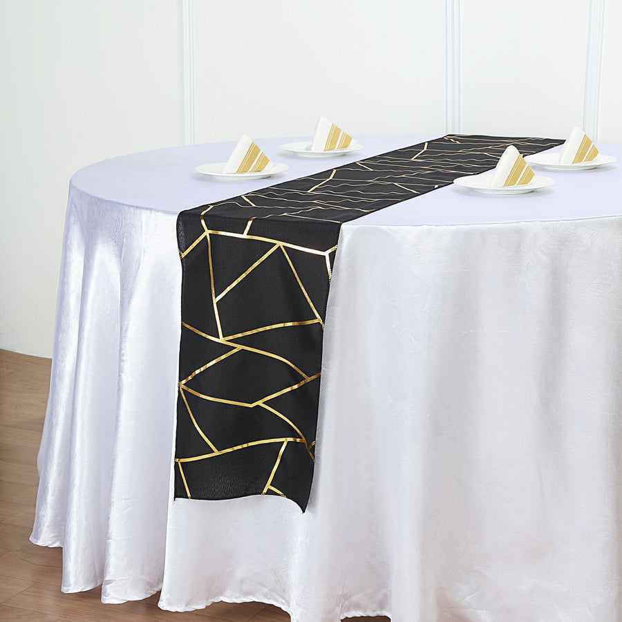 9ft Black With Gold Foil Geometric Pattern Table Runner