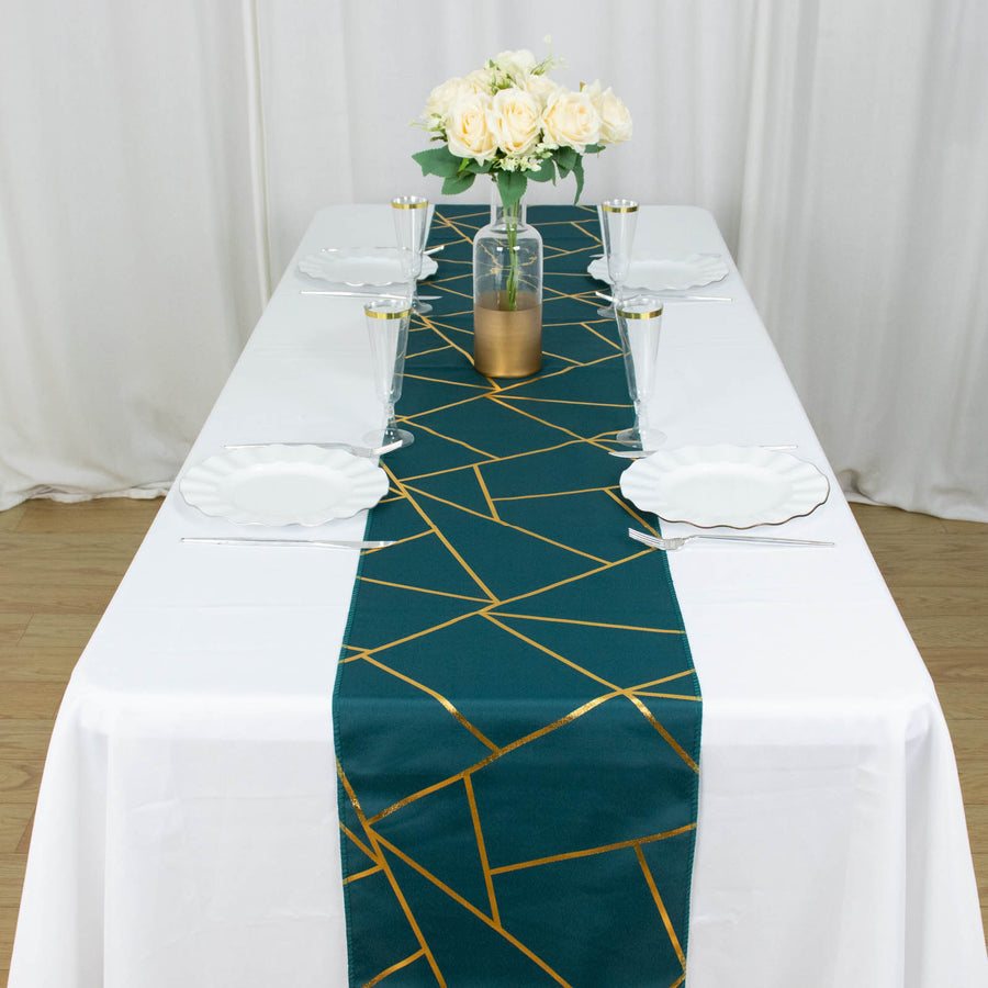 9ft Peacock Teal With Gold Foil Geometric Pattern Table Runner