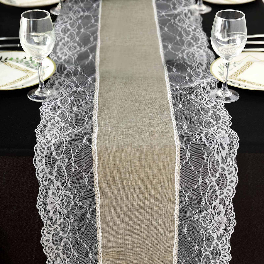 16inch x 108inch Taupe Faux Burlap Jute Lace Table Runner Boho Chic Rustic Decor