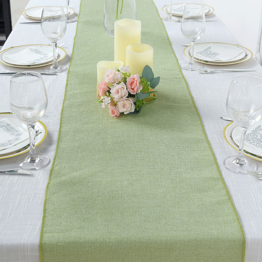 14x108Inch Sage Green Boho Chic Rustic Faux Burlap Cloth Table Runner