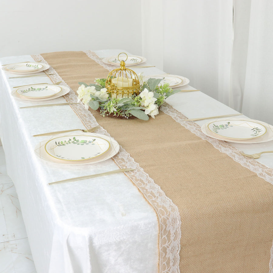 14inch x 104inch Natural Jute Burlap Table Runner With White Lace Trim Edges, Boho Chic Rustic Decor