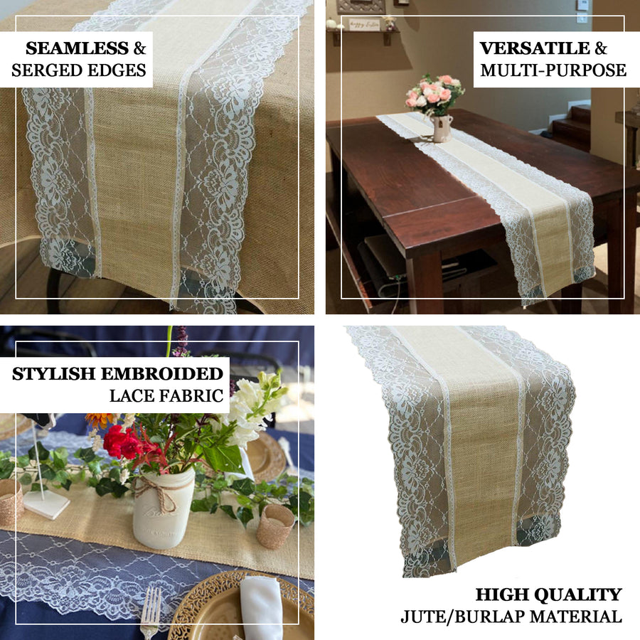16x108 Natural Jute Burlap Table Runner With White Lace Edges