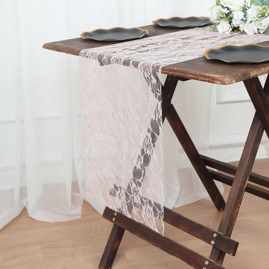 12inch x 108inch Blush / Rose Gold Vintage Rose Flower Lace Table Runner