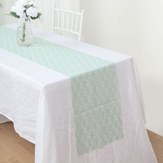 Elevate Your Event with the Sage Green Floral Lace Table Runner