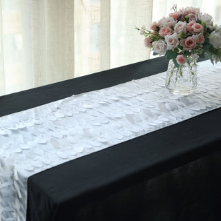 Enhance Your Event Decor with the White 3D Leaf Petal Taffeta Table Runner
