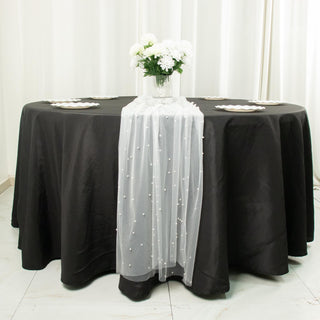 Add Elegance to Your Tablescape with the White Pearl Embellished Sheer Tulle Table Runner