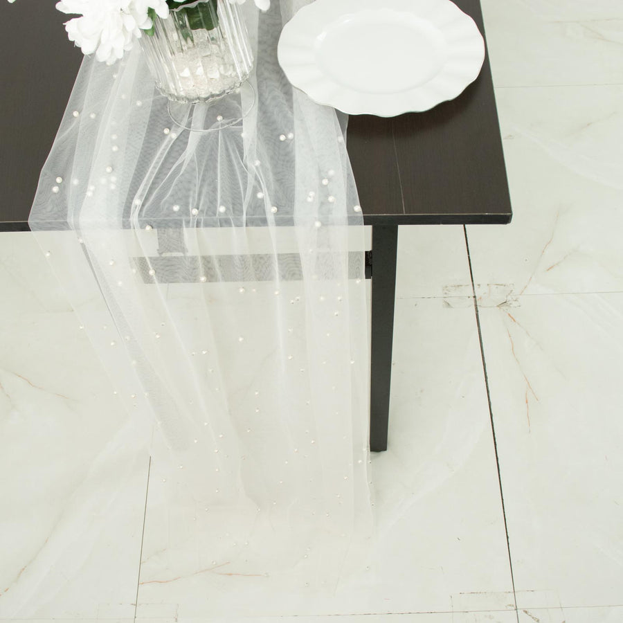 48inch x 120inch White Pearl Embellished Sheer Tulle Table Runner, Elegant Formal Table Linen
