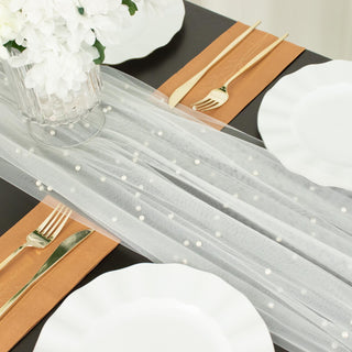 Create an Unforgettable Experience with the White Pearl Embellished Sheer Tulle Table Runner